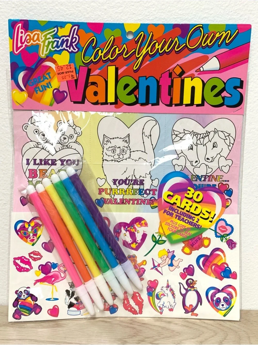 Vintage Lisa Frank 1990 Color Your Own Valentine Cards 30 Ct Stickers NEW SEALED